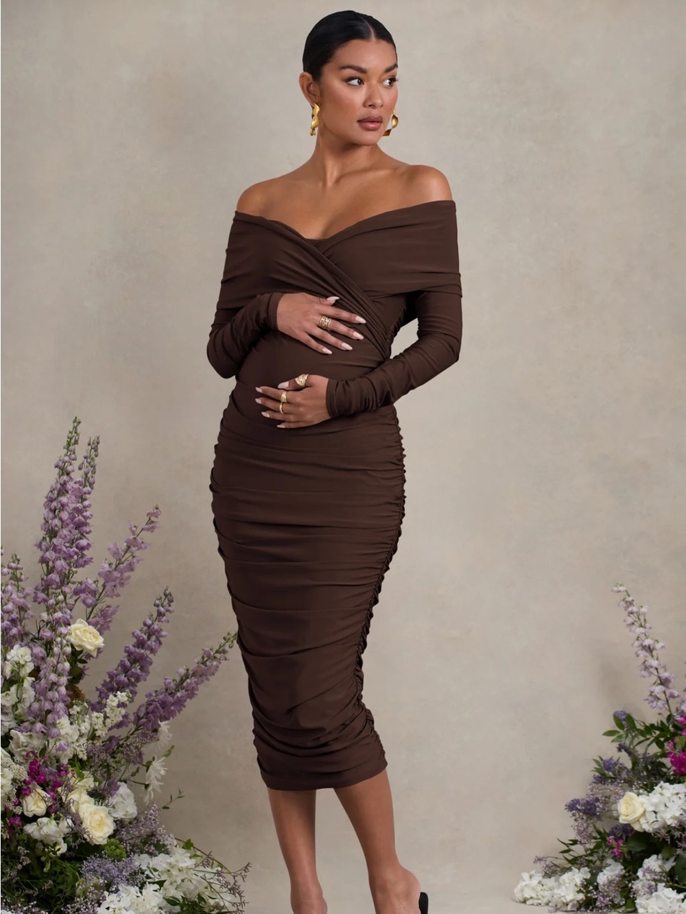 Club L maternity dress Davina size 4 Off-Shoulder Brown Ruched Midi Dress